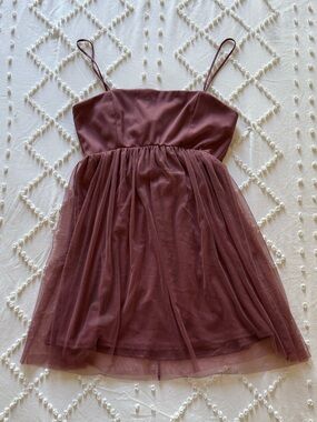 Women’s Mauve Tulle Party Dress - Elegant Spaghetti Strap